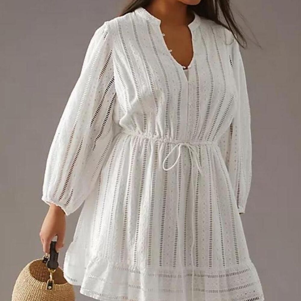 Anthropologie Forever That Girl Eyelet Mini Dress 1X White Cotton Boho